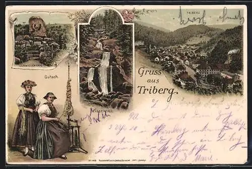 Lithographie Triberg, Wasserfall, Gutach, Damen in Tracht