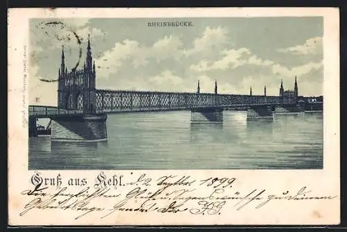 Lithographie Kehl am Rhein, Rheinbrücke