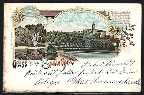Lithographie Halle /Saale, Eisenbahnbrücke mit Ruine Giebichstein, Kaiser-Denkmal bei Giebichstein