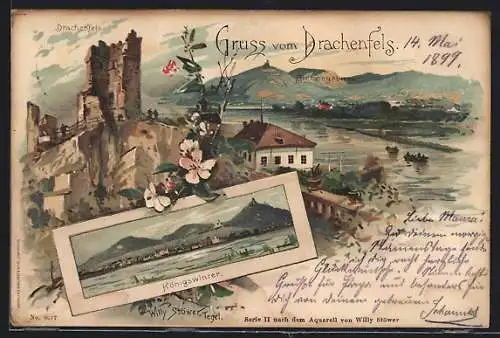 Künstler-AK Willy Stoewer: Königswinter, Ortsansicht, Drachenfels, Blick zum Siebengebirge