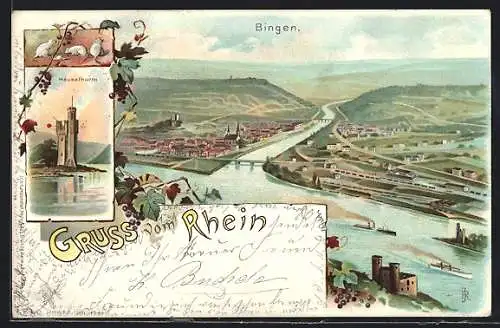 Lithographie Bingen / Rhein, Ortsansicht und Mäuseturm