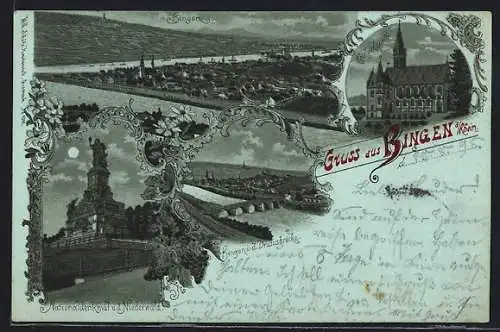Mondschein-Lithographie Bingen a. Rhein, Rochuskapelle, Nationaldenkmal a. d. Niederwald, Ortsansicht mit Drususbrücke