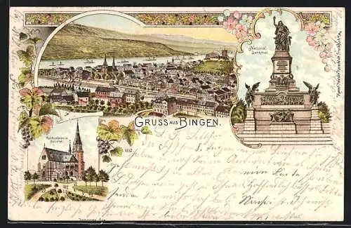 Lithographie Bingen / Rhein, Totalansicht, Nationaldenkmal, Rochuskapelle