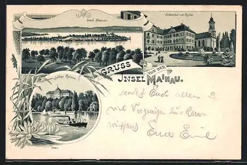 Lithographie Insel Mainau, Schlosshof mit Kirche, Panorama, Dampfer