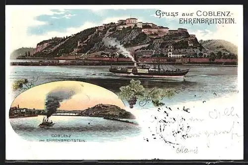 Lithographie Koblenz, Blick zur Feste auf dem Berg, Blick auf Ehrenbreitenstein