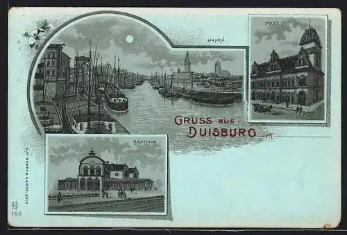 Mondschein-Lithographie Duisburg, Der Bahnhof, der Hafen, das Postamt