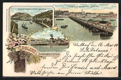Lithographie Koblenz, Ortsansicht von der Schiffsbrücke, Kaiserdenkmal