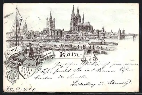 Lithographie Köln, Rhein-Dampfer passiert den Dom