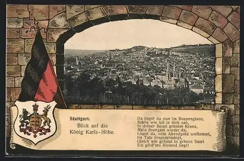 AK Stuttgart, Blick auf die König Karls-Höhe, Mauer-Passepartout mit württembergischer Flagge