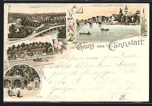 Lithographie Cannstatt, Kursaal, Wandelhalle, Ortsansicht mit Eisenbahnbrücke, Neckarpartie