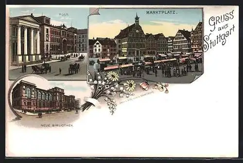 Lithographie Stuttgart, Der Marktplatz, die Post, die neue Bibliothek