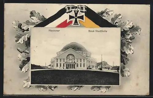 AK Hannover, Die Neue Stadthalle, Passepartout mir Eichenblättern, Reichsflagge und Eisernem Kreuz