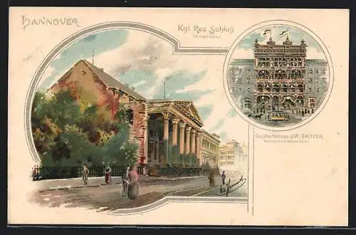 Lithographie Hannover, Geschäftshaus J. W. Sältzer in der Schmiedestrasse, Königliches Residenz-Schloss u. Leinstrasse