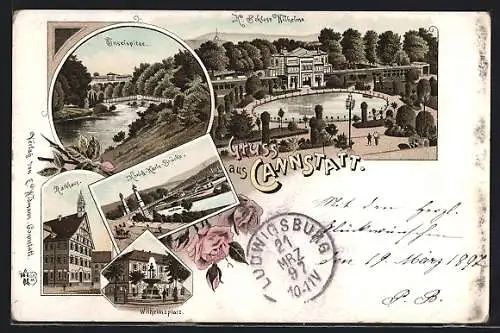 Lithographie Stuttgart-Cannstatt, Wilhelmsplatz mit Brunne, Schloss Wilhelma, König-Karl-Brücke, Rathaus