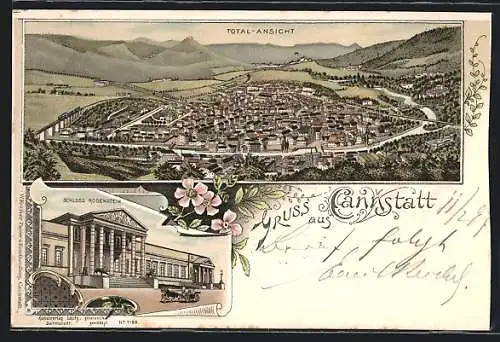 Lithographie Cannstatt, Schloss Rosenstein, Stadt-Panorama