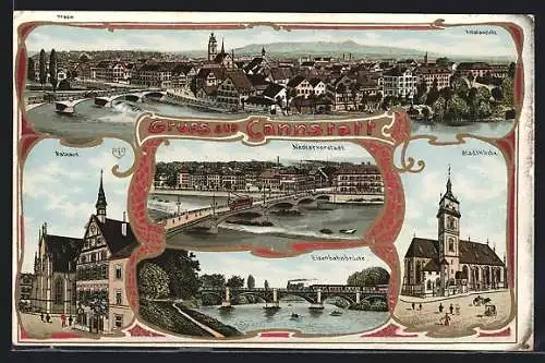 Lithographie Cannstatt, Rathaus, Stadtkirche, Eisenbahnbrücke, Neckarvorstadt
