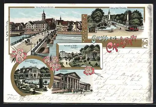 Lithographie Cannstatt, Kursaal u. Städtisches Kurhaus, Königliches Schloss Wilhelma, Rosenstein