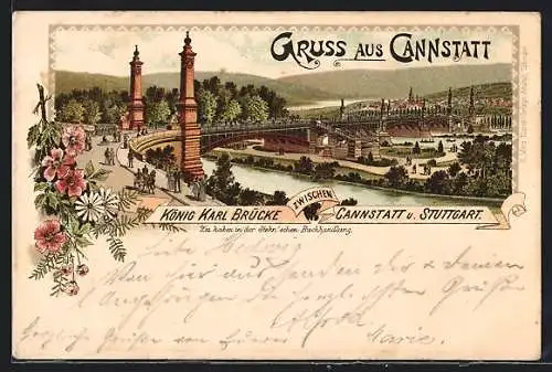 Lithographie Cannstatt, König Karl Brücke zwischen der Stadt und Stuttgart