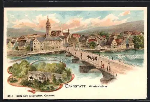 Lithographie Cannstatt, Ortsansicht mit Wilhelmsbrücke