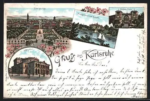 Lithographie Karlsruhe, Stadtgartensee und Festhalle, Hoftheater und Total-Ansicht