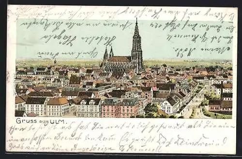 Lithographie Ulm / Donau, Ortsansicht mit Blick zum Münster