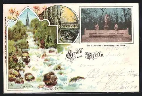 AK Berlin-Kreuzberg, Otto II. Markgraf von Brandenburg, Wasserfall im Victoria-Park, Brücke