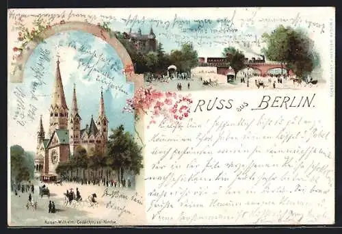 Lithographie Berlin-Charlottenburg, Kaiser-Wilhelm-Gedächtnis Kirche, Ortspartie