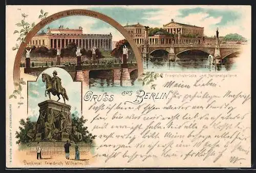 Lithographie Berlin, Museum und Schlossbrücke, Friedrichsbrücke und Nationalgallerie, Denkmal Friedrich der Grosse