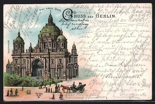 Lithographie Berlin, Der neue Dom mit Pferdewagen