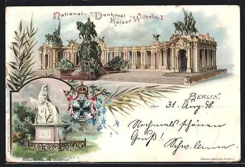 Lithographie Berlin, National-Denkmal Kaiser Wilhelm I. Kaiserin Auguste Denkmal