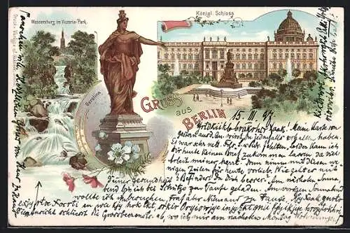 Lithographie Berlin, Königl. Schloss, Berolina, Wassersturz im Victoria-Park