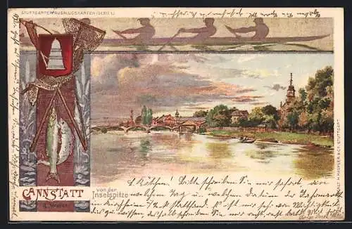 Lithographie Cannstatt, Uferpartie mit Brücke von der Inselspitze, Wappen