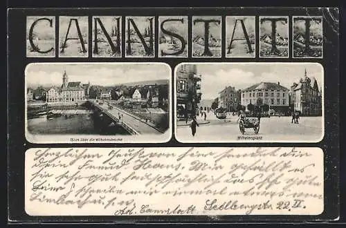 Lithographie Cannstatt, Blick über die Wilhelmsbrücke, Wilhelmsplatz