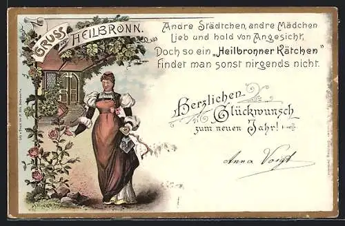 Lithographie Heilbronn, Heilbronner Kätchen, Neujahrsgruss