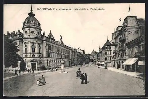 AK Konstanz, Marktstätte mit Postgebäude, Geschäften und Litfasssäule