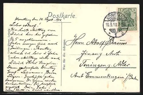 AK Konstanz, Marktstätte mit Postgebäude, Geschäften und Litfasssäule