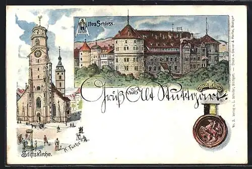 Lithographie Stuttgart, Altes Schloss u. Stiftskirche