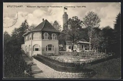 AK Stuttgart, Restaurant Jägerhaus mit Aussichtsturm auf Hasenberg