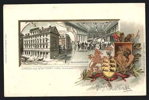 Passepartout-Lithographie Stuttgart, Hotel-Restaurant Dierlamm, Passepartout mit Wappen