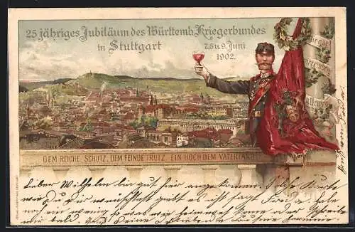Lithographie Stuttgart, Gesamtansicht, Soldat in Uniform, 25-jähriges Jubiläum des Württ. Kriegerbundes