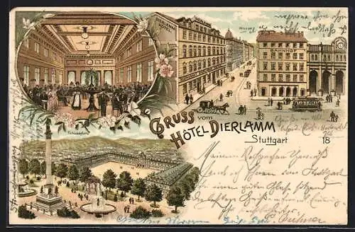 Lithographie Stuttgart, Hotel Dierlamm am Bahnhof, Schlossplatz