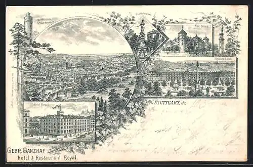 Lithographie Stuttgart, Das Hotel-Restaurant Royal der Gebr. Banzhaf, altes Schloss, Eugens-Brunnen, Residenz-Schloss