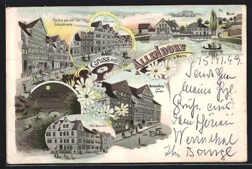 Lithographie Allendorf a. Werra, Hotel Beuermann, Weinhandlung zum Löwen, Söderstrasse, Holzstofffabriken