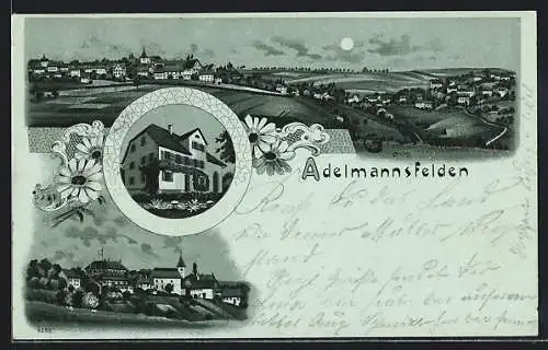 Mondschein-Lithographie Adelmannsfelden, Haus, Teilansicht, Totalansicht vom Ort