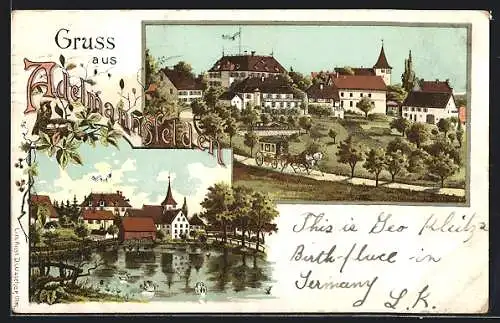 Lithographie Adelmannsfelden, Teilansicht mit Schloss und Kirche, Weiher