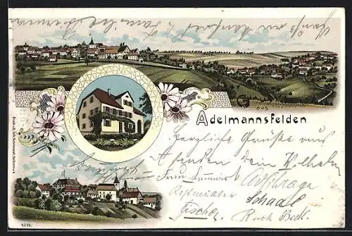 Lithographie Adelmannsfelden, Teilansicht mit Schloss, Haus, Totalansicht