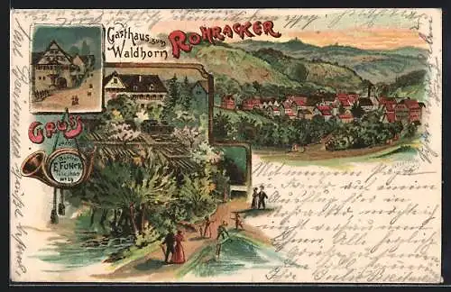 Lithographie Rohracker, Gasthaus zum Waldhorn von E. Funck, Ortsansicht