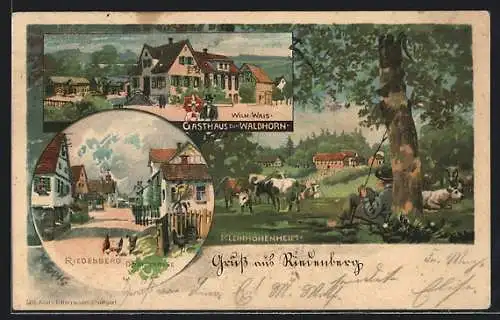 Lithographie Riedenberg / Stuttgart, Gasthaus zum Waldhorn W. Wais, Strassenpartie, Kleinhohenheim mit Kuhhirte