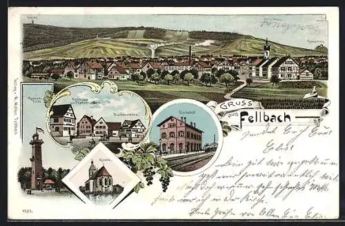 Lithographie Fellbach, Bahnhof, Kernen-Turm, Apotheke und Buchdruckerei