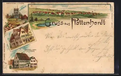 Lithographie Plattenhardt, Gasthaus zur Sonne, Gasthaus Rose zur Post, Aussichtsturm auf dem Uhlberg